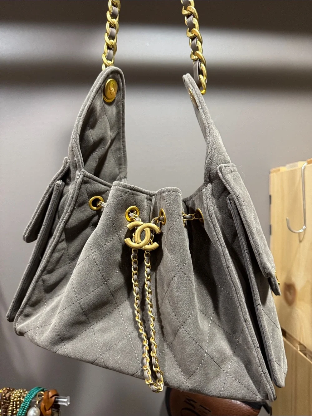 Chanel Quilted Suede Drawstring Shoulder Bag - Gray